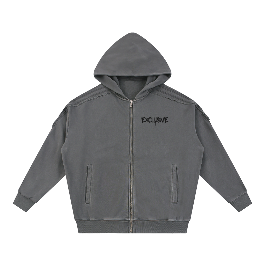Snow Washed Tape Raw Edge Zip Hoodie