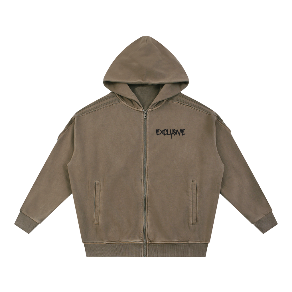 Snow Washed Tape Raw Edge Zip Hoodie