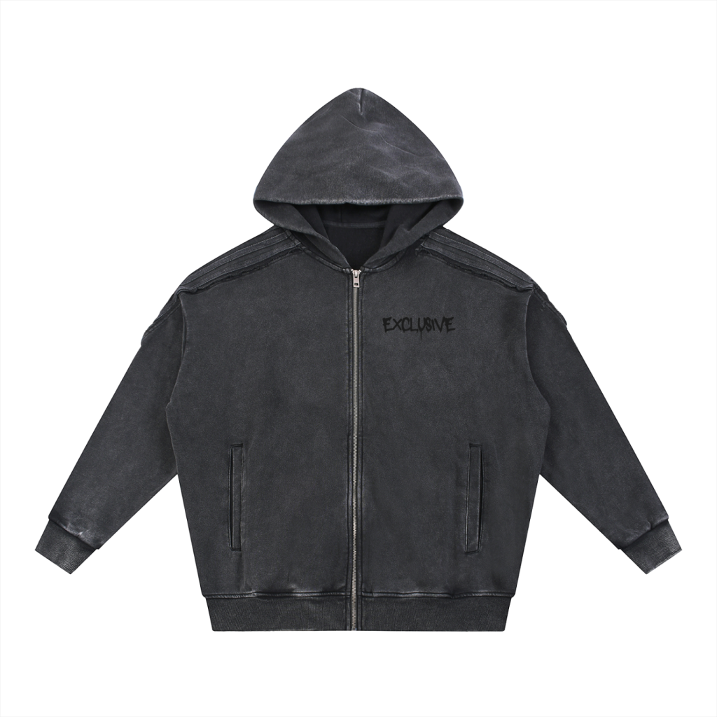 Snow Washed Tape Raw Edge Zip Hoodie