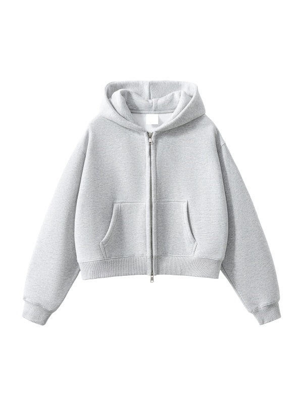 Women’s Plain-Fleeced Zip-Up Cropped Hoodie